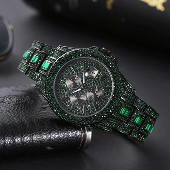 2023 Мужские модные часы MISSFOX в стиле хип-хоп с бриллиантами, кварцевые часы с автоматической датой, водонепроницаемые зеленые наручные часы, мужские Reloj