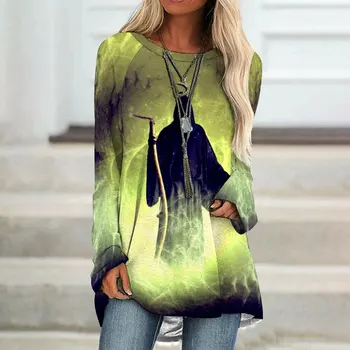 2023 Осенняя Новая Длинная женская футболка с 3D рисунком ужасов, топ, Женская одежда на Хэллоуин, Модная индивидуальность, толстовка с круглым вырезом