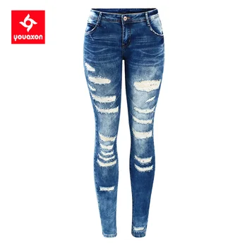 2045 Youaxon/ Женские Модные Синие Облегающие джинсы с низкой посадкой, потертые, застиранные, Стрейчевые Джинсы Для женщин, Рваные брюки