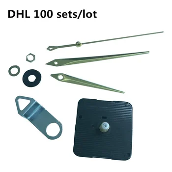 DHL 100 комплектов Золотых Стрелок, бесшумный кварцевый настенный часовой механизм, комплект для замены деталей часов DIY, Часовой механизм с крючком оптом