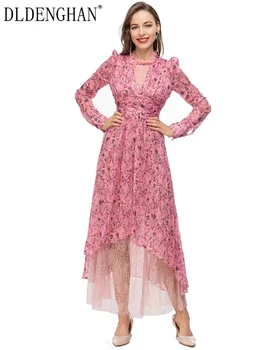 DLDENGHAN/Весенне-летнее женское платье с круглым вырезом и длинным рукавом, Кружевное лоскутное платье с цветочным принтом, Винтажное вечернее длинное платье, Модная Дизайнерская новинка
