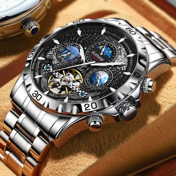 GLENA Design Мужские часы Лучший бренд класса Люкс, Модные Деловые Автоматические часы, мужские водонепроницаемые механические часы Montre Homme
