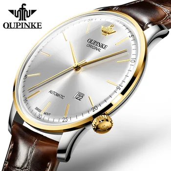 OUPINKE Оригинальные механические часы для мужчин Ультратонкий циферблат Кожаный ремешок Роскошное сапфировое стекло Наручные часы в деловом стиле