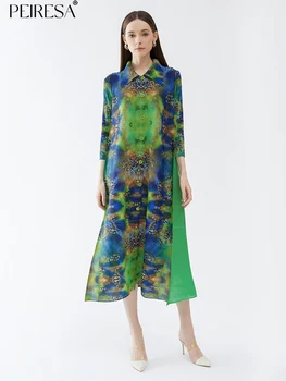 PEIRESA Miyake, свободное платье-рубашка с принтом павлина, женское плиссированное платье с лацканами и длинным рукавом, Элегантные винтажные платья миди 2023, Новинка лета