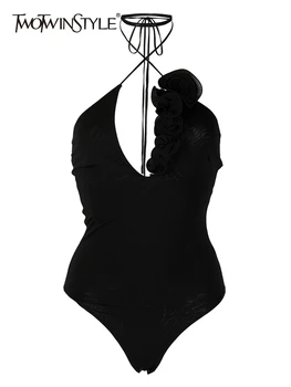 TWOTWINSTYLE Комбинезоны с аппликацией в стиле пэчворк Для женщин, с V-образным вырезом, без рукавов, с высокой талией, для похудения, Сексуальный однотонный комбинезон, Женская мода