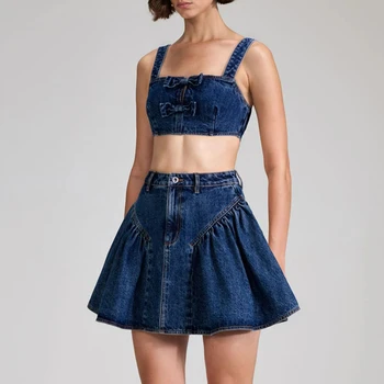 Весенне-летняя Новая Женская джинсовая юбка с бантом и небольшим ремешком/Трапециевидная юбка-пашот из денима