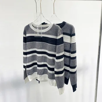 Высококачественный осенне-зимний Новый пуловер, Свободный облегающий свитер, Женский универсальный топ в контрастную полоску с длинными рукавами