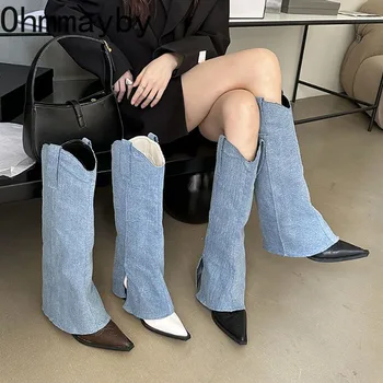 Женские ботинки в стиле ковбойки в западном стиле, модные боковые молнии, туфли на среднем квадратном каблуке, женские элегантные длинные пинетки с острым носком
