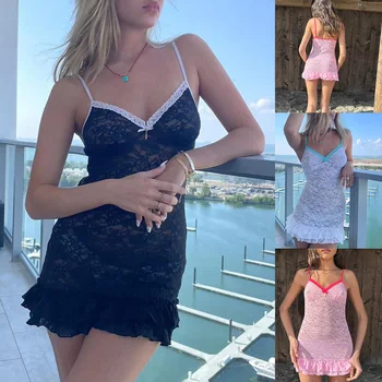Женское модное Сексуальное облегающее платье-комбинация на бретельках с V-образным вырезом, прозрачное кружевное летнее мини-платье с оборками для клуба, пляжа