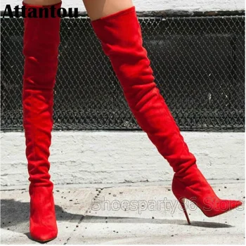 Модные дизайнерские ярко-красные облегающие зимние сапоги выше колена на тонком высоком каблуке, женские гладиаторские сапоги на шпильке стрейч