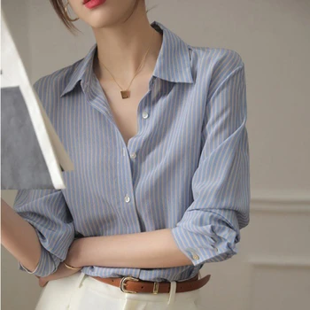 Новая Модная Осенняя Женская Блузка 2023, Синяя Полосатая Корейская рубашка Свободного Покроя с Длинными рукавами, Рубашки и Блузки для женщин