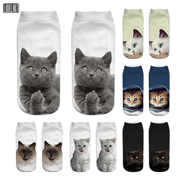Новые короткие носки Унисекс с 3D принтом Забавного котенка Харадзюку, Кавайные разноцветные носки с несколькими кошачьими мордочками, Счастливые мультяшные носки с низким голенищем для женщин