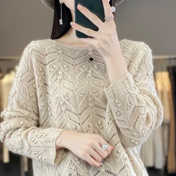 Осенне-зимний новый женский свитер с круглым вырезом из 100% мериносовой шерсти, свободный модный корейский высококачественный трикотажный низ, рубашка