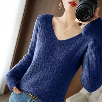 Осенне-зимний новый однотонный твист-свитер, Женская Свободная одежда с V-образным вырезом и длинным рукавом, Корейский модный женский свитер