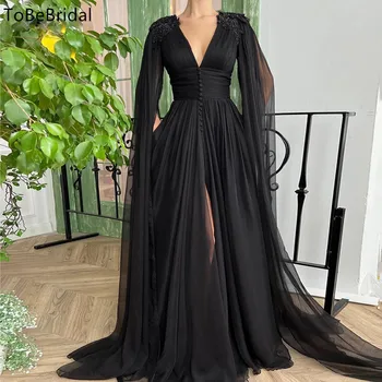 Черное платье трапециевидной формы для выпускного вечера с глубоким V-образным вырезом и длинным рукавом, вышитая наклейка, Элегантное женское праздничное платье, официальное выпускное вечернее платье